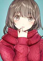 Rule 34 | 1girl, aran sweater, bad id, bad pixiv id, blue background, blush, brown eyes, brown hair, cable knit, commentary request, fingernails, hair between eyes, hand up, kurata rine, long hair, long sleeves, looking at viewer, nail polish, original, parted lips, puffy long sleeves, puffy sleeves, red nails, red sweater, simple background, sleeves past wrists, solo, sweater, turtleneck, turtleneck sweater, upper body