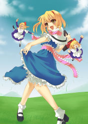Rule 34 | 3girls, alice margatroid, book, clothes lift, cloud, dancing, female focus, frilled skirt, frills, grass, hill, mary janes, multiple girls, open mouth, outdoors, plant, shanghai doll, shoes, skirt, skirt lift, sky, smile, socks, solo, tamo (tamokuteki kuukan), touhou, yellow eyes