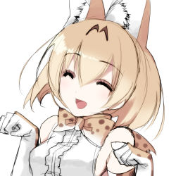 Rule 34 | 10s, absurdres, animal ears, armpit crease, bad id, bad pixiv id, bare shoulders, blonde hair, bow, bowtie, breasts, claw pose, closed eyes, detached sleeves, dress, ears visible through hair, hair between eyes, hands up, highres, kemono friends, misteor, open mouth, serval (kemono friends), short hair, sketch, smile, solo, white background, white dress