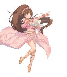 Rule 34 | 1girl, bare shoulders, book, brown eyes, brown hair, circlet, dress, feet, female focus, fire emblem, fire emblem: mystery of the emblem, fire emblem heroes, flower, full body, hair flower, hair ornament, highres, holding, holding book, jewelry, kippu, linde (fire emblem), long hair, looking away, matching hair/eyes, nintendo, official art, ponytail, sandals, smile, solo, toes, transparent background, very long hair