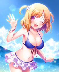 Rule 34 | 1girl, ;), ;d, bikini, blonde hair, blush, bracelet, breasts, cleavage, cloud, collarbone, day, fang, frilled skirt, frills, front-tie top, hair ornament, jewelry, large breasts, lens flare, navel, ocean, one eye closed, open mouth, original, purple eyes, short hair, short twintails, skirt, sky, smile, solo, suzumi shiro, swimsuit, twintails, two side up, water