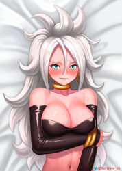 1girl android_21 bare_shoulders black_gloves black_tube_top blue_eyes blush breasts choker cleavage collarbone colored_skin commentary_request dragon_ball dragon_ball_fighterz earrings elbow_gloves embarrassed gloves hair_between_eyes highres hoop_earrings jewelry large_breasts light_persona long_hair lying majin_android_21 navel on_back pink_skin solo spiked_hair strapless sweatdrop tube_top twitter_username upper_body wavy_mouth white_hair yellow_choker yoichiro_ch