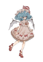 Rule 34 | 1girl, :3, absurdres, ankle strap, arm at side, ascot, bat wings, big hair, black wings, blue hair, bow, collared dress, crossed bangs, curly hair, dress, dress bow, eyelashes, footwear bow, frilled dress, frilled shirt collar, frilled sleeves, frills, full body, hat, high heels, highres, inkopico, leg up, looking at viewer, mary janes, mob cap, multicolored hair, no socks, open mouth, petticoat, pink dress, pink hat, pointy ears, puffy short sleeves, puffy sleeves, red ascot, red bow, red eyes, red footwear, remilia scarlet, shoes, short sleeves, simple background, skirt hold, sleeve bow, slit pupils, smile, solo, standing, thighs, touhou, two-tone hair, white background, wing collar, wings, wrist cuffs
