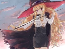 Rule 34 | 1girl, black cape, black skirt, blonde hair, blouse, blunt bangs, bow, bowtie, cape, closed mouth, cloud, corset, cowboy shot, curly hair, gradient sky, hat, holding, holding riding crop, lilith (yamibou), long hair, miniskirt, oge (ogeogeoge), pink eyes, red eyes, riding crop, shirt, sidelocks, skin tight, skirt, sky, smile, solo, twilight, very long hair, wavy hair, whip, white bow, white shirt, yami to boushi to hon no tabibito