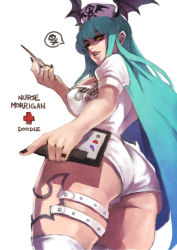 Rule 34 | 1girl, absurdres, alternate costume, ass, black nails, breasts, clipboard, demon girl, eyelashes, fang, green hair, hat, head wings, highres, large breasts, liquid-in-glass thermometer, long hair, monori rogue, morrigan aensland, nail polish, nurse, nurse cap, over-kneehighs, shorts, solo, thermometer, thigh strap, thighhighs, vampire (game), white thighhighs, wings, yellow eyes