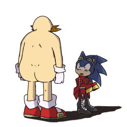 Rule 34 | 2boys, alternate costume, animal ears, animal nose, arms at sides, ass, back, bad id, bad pixiv id, bald, black eyes, black footwear, blue fur, body fur, boots, bukiko, coat, constricted pupils, cosplay, costume switch, dr. eggman, dr. eggman (cosplay), eyewear on head, facial hair, from behind, full body, furry, furry male, gloves, goggles, grey-framed eyewear, hands up, long sleeves, looking at another, lowres, male focus, multiple boys, mustache, nude, open mouth, oversized clothes, red coat, red footwear, shoes, simple background, sleeves past fingers, sleeves past wrists, socks, sonic (series), sonic the hedgehog, sonic the hedgehog (cosplay), standing, thigh boots, thighhighs, two-tone fur, white background, white gloves, white legwear, yellow fur