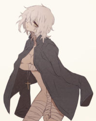 Rule 34 | 1girl, bandages, claudia hortensia, coat, cross, cross necklace, eyepatch, fate/zero, fate (series), guilty, jewelry, naked coat, necklace, short hair, solo, tsumi guilty, wavy hair, white hair, yellow eyes