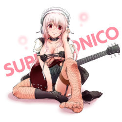 Rule 34 | 1girl, barefoot, blush, breasts, cleavage, feet, fishnets, foot focus, garter straps, guitar, hand on headphones, headphones, highres, instrument, large breasts, long hair, looking at viewer, nitroplus, pink hair, red eyes, shoes, single shoe, smile, solo, super sonico, thighhighs, toes, tsukineko