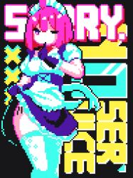 Rule 34 | 1girl, animated, animated gif, apron, black background, english text, gloves, looking at viewer, lynte, maid, maid apron, maid headdress, one eye closed, original, pink hair, pixel art, puffy short sleeves, puffy sleeves, purple eyes, purple gloves, short hair, short sleeves, simple background, solo, thighhighs, white apron, white thighhighs
