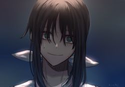 Rule 34 | 10s, 1girl, bow, brown hair, empty eyes, green eyes, hair between eyes, hair ribbon, hanebado!, hanesaki ayano, hichi(hichi), long hair, looking at viewer, ribbon, shirt, short hair, simple background, smile, solo, sweat, white bow, white ribbon