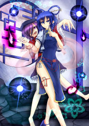 Rule 34 | 2girls, alternate costume, blue eyes, blue hair, blush, breasts, china dress, chinese clothes, curly hair, dress, energy ball, fangs, feather quilt, female focus, flower, grin, hair ornament, hair over one eye, hair rings, hair stick, holding hands, highres, jiangshi, kaku seiga, medium breasts, miyako yoshika, multiple girls, nail polish, ofuda, open mouth, outstretched arms, panties, purple eyes, purple hair, sharp teeth, shawl, short hair, side-tie panties, side slit, smile, taut clothes, teeth, touhou, underwear, yuri, zombie pose