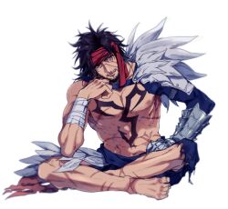 Rule 34 | 1boy, armor, bandaged arm, bandages, barefoot, beard, black hair, blue shorts, chest tattoo, facial hair, feather trim, final fantasy, final fantasy x, hand on own face, headband, indian style, jecht, looking at viewer, male focus, metal gloves, muscular, muscular male, nakagawa waka, pants, parted bangs, red eyes, red headband, scar, scar across eye, scar on chest, scar on face, scar on leg, scar on nose, shorts, shoulder armor, single bare shoulder, single sleeve, sitting, solo, tattoo, topless male, torn clothes, torn pants, white background