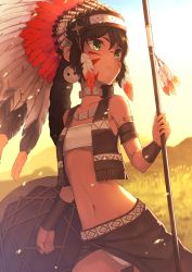 Rule 34 | 1girl, bad id, bad pixiv id, bandeau, bare shoulders, black hair, blurry, blurry background, breasts, brown skirt, brown vest, collarbone, commentary request, dark skin, dark-skinned female, day, depth of field, facial mark, feathers, fringe trim, headdress, holding, holding shield, long hair, looking away, looking to the side, native american, navel, open clothes, open vest, original, outdoors, panties, ryuinu, shield, skirt, sky, small breasts, solo, underboob, underwear, vest, white bandeau, white panties, wrist cuffs