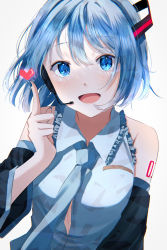 Rule 34 | 1girl, :d, absurdres, black sleeves, blue eyes, blue hair, blue nails, collared shirt, detached sleeves, dress shirt, frilled shirt, frills, grey necktie, grey shirt, hair between eyes, hatsune miku, headphones, headset, highres, index finger raised, long sleeves, looking at viewer, mahiru yura, microphone, nail polish, necktie, open mouth, shirt, short hair, simple background, sleeveless, sleeveless shirt, smile, solo, upper body, vocaloid, white background, wing collar