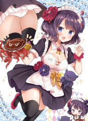 Rule 34 | 1girl, :d, alternate costume, apron, black thighhighs, blue eyes, blush, breasts, cleavage, commentary request, detached collar, enmaided, fate/grand order, fate (series), flower, food, hair flower, hair ornament, highres, katsushika hokusai (fate), large breasts, looking at viewer, maid, maid apron, maid headdress, masayo (gin no ame), octopus, open mouth, panties, pantyshot, puffy short sleeves, puffy sleeves, short hair, short sleeves, skirt, smile, thighhighs, translation request, tray, underwear, white apron, white panties, zettai ryouiki