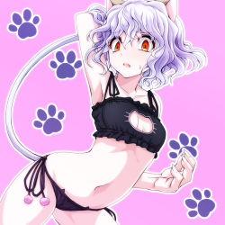 Rule 34 | 1girl, :o, alternate costume, androgynous, animal ears, arm up, armpits, bell, black panties, breasts, camisole, cat cutout, cat ear panties, cat ears, cat lingerie, cat tail, choker, cleavage cutout, clothing cutout, collarbone, cowboy shot, eyebrows, fang, fingernails, frills, hair between eyes, highres, hunter x hunter, jingle bell, long fingernails, looking at viewer, meme attire, navel, neck bell, neferpitou, orange eyes, panties, paw print, pink background, purple hair, short hair, side-tie panties, silver hair, small breasts, solo, stomach, sweatdrop, tail, underwear, underwear only, watarui, wavy hair