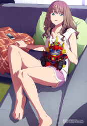 Rule 34 | 1girl, absurdres, bare legs, barefoot, bean bag chair, blunt bangs, brown hair, cellphone, collarbone, couch, curtains, cushion, dolphin shorts, dynazenon (character), feet, green eyes, gridman universe, highres, indoors, legs, looking at viewer, megami magazine, minami yume, official art, phone, pink shorts, scan, shirt, short shorts, short sleeves, shorts, sitting, smartphone, smile, solo, ssss.dynazenon, takeda naoki, thighs, toes, wavy hair, white shirt