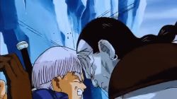 Rule 34 | 1990s (style), 2boys, android, android 14, animated, animated gif, black hair, colored skin, dragon ball, dragonball z, closed eyes, glacier, gloves, headbutt, jacket, male focus, multiple boys, muscular, no eyebrows, orange eyes, pain, pinned, purple hair, shoulder pads, sword, trunks (dragon ball), trunks (future) (dragon ball), violence, wall, weapon, white skin
