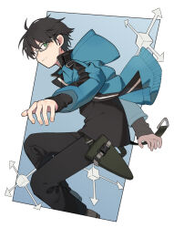 Rule 34 | 1boy, adapted costume, arrow (symbol), belt, black hair, black pants, black shirt, blue background, blue jacket, border, cube, glasses, green eyes, highres, hood, hood down, hooded jacket, jacket, jumping, korean commentary, long sleeves, looking at viewer, looking to the side, male focus, mikumo osamu, mikumo squad&#039;s uniform, nana 0253, opaque glasses, open clothes, open jacket, outside border, outstretched arm, pants, partially opaque glasses, semi-rimless eyewear, shirt, shoes, short hair, solo, under-rim eyewear, unzipped, white background, world trigger