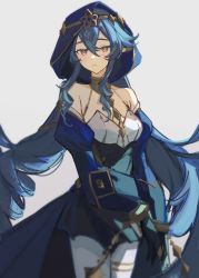 Rule 34 | 1girl, bare shoulders, black gloves, blue hair, breasts, circlet, claw ring, cleavage, closed mouth, collarbone, commentary, cyenwl, detached sleeves, drill hair, eyelashes, genshin impact, gloves, gold choker, gradient hair, grey background, hair between eyes, highres, hood, hood up, jewelry, layla (genshin impact), long hair, looking at viewer, medium breasts, multicolored hair, neck ring, pantyhose, parted lips, pointy ears, sidelocks, solo, thighlet, upper body, very long hair, white pantyhose, yellow eyes