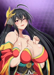 Rule 34 | 1girl, ahoge, azur lane, bare shoulders, black hair, blush, breasts, breasts squeezed together, cleavage, collarbone, commentary request, crossed bangs, feather-trimmed sleeves, hair between eyes, hair ribbon, head tilt, highres, huge breasts, japanese clothes, kimono, long hair, long sleeves, looking at viewer, mask, mask on head, off shoulder, oneone1, open mouth, red eyes, red kimono, red ribbon, ribbon, shiny skin, smile, solo, striped ribbon, sweat, taihou (azur lane), twintails, very long hair, wide sleeves