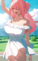 Rule 34 | 1girl, arm up, bare shoulders, blue sky, breasts, cleavage, dress, grass, hair between eyes, highres, large breasts, long hair, off shoulder, one eye closed, open mouth, original, outdoors, pink hair, rural, ryusei hashida, sky, strap slip, thighs, tree, white dress