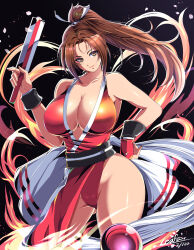Rule 34 | 1girl, breasts, brown eyes, brown hair, cleavage, curvy, fatal fury, fire, highres, huge breasts, large breasts, long hair, ponytail, shiranui mai, smile, solo, wide hips