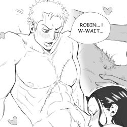 Rule 34 | 1boy, 1girl, abs, arm support, black hair, blush, character name, closed eyes, couple, cropped, from side, greyscale, hetero, highres, implied fellatio, joy boy, looking at another, looking down, male pubic hair, monochrome, muscular, muscular male, navel, nico robin, nose, notice lines, one eye closed, one piece, open mouth, paid reward available, pectorals, profile, pubic hair, roronoa zoro, sanpaku, scar, scar across eye, scar on chest, short hair, simple background, speech bubble, sweat, teeth, tongue, v-shaped eyebrows, very short hair, white background