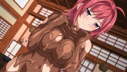 Rule 34 | 1girl, blush, breasts squeezed together, breasts, chocolate, hair ornament, hairclip, hikage narumi, large breasts, looking at viewer, naked chocolate, naughty face, nude, purple eyes, red hair, sakura spirit, short hair, smile, solo, standing, wanaca, winged cloud