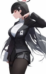 Rule 34 | 1girl, absurdres, arm up, black hair, black jacket, black skirt, blazer, blue archive, breasts, closed mouth, halo, highres, holding, holding tablet pc, id card, jacket, large breasts, long hair, pantyhose, pleated skirt, red eyes, rio (blue archive), simple background, skirt, solo, sweater, tablet pc, toi1et paper, turtleneck, turtleneck sweater, very long hair, white background, white sweater
