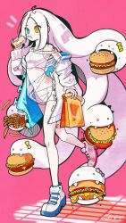 Rule 34 | 1girl, absurdly long hair, absurdres, aqua eyes, asymmetrical footwear, burger, cup, drinking, eating, food, french fries, heterochromia, highres, jacket, jo suke, long hair, midriff, mismatched footwear, navel, off shoulder, original, pink background, shadow, shoes, shorts, snake, snake hair, solo, uneven footwear, very long hair, white footwear, white hair, white jacket, white shorts, white snake, yellow eyes
