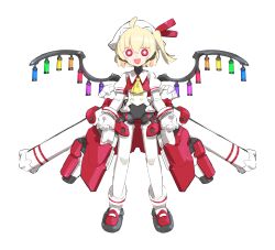 Rule 34 | 1girl, :d, absurdres, ahoge, ascot, blonde hair, cheri zao, commentary, flandre scarlet, full body, hat, hat ribbon, highres, joints, looking at viewer, mechanization, mob cap, one side up, open mouth, red eyes, red ribbon, red vest, ribbon, robot girl, robot joints, short hair, simple background, smile, solo, straight-on, touhou, vest, white background, white hat, wings, yellow ascot