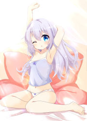 Rule 34 | 1girl, armpits, arms up, bare arms, bare legs, bare shoulders, barefoot, bed sheet, blue camisole, blue eyes, blue hair, blush, bow, bow panties, breasts, camisole, chestnut mouth, collarbone, commentary request, gochuumon wa usagi desu ka?, hair between eyes, head tilt, kafuu chino, long hair, looking at viewer, massala, navel, panties, parted lips, pillow, small breasts, solo, strap slip, stretching, underwear, underwear only, very long hair, white panties
