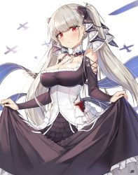 Rule 34 | 1girl, ahoge, aliceblue, artist name, azur lane, black dress, blurry, blush, bow, breasts, cleavage, closed mouth, clothes lift, cowboy shot, depth of field, detached collar, dress, dress lift, earrings, formidable (azur lane), glint, hair bow, highres, jewelry, large breasts, long hair, long sleeves, looking at viewer, nail polish, red eyes, silver hair, simple background, solo, twintails, very long hair, white background