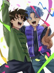 Rule 34 | 2boys, :d, aged up, black hair, blue eyes, blue hair, closed eyes, confetti, dragon ball, dragon ball super, dragon ball super super hero, flyers (death parade), highres, male focus, multiple boys, open mouth, ribbon, short hair, simple background, smile, son goten, spiked hair, teeth, tommmmieee, trunks (dragon ball), v, white background