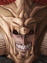 Rule 34 | 1boy, armor, black sclera, close-up, colored sclera, commentary, elden ring, english commentary, fake horns, fake teeth, gold armor, grin, highres, horns, long hair, looking at viewer, male focus, ornate armor, red hair, satsu-strive, sharp teeth, smile, spiked helmet, starscourge radahn, teeth, yellow eyes