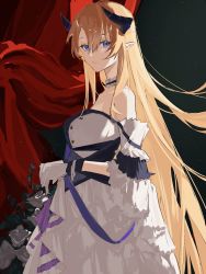 Rule 34 | 1girl, arknights, bare shoulders, black background, blonde hair, blue eyes, choker, commentary request, cowboy shot, dress, gloves, hair between eyes, highres, horns, long hair, looking at viewer, nakatsuka123, off-shoulder dress, off shoulder, pointy ears, saileach (appreciate fragrance) (arknights), saileach (arknights), solo, standing, very long hair, white dress, white gloves