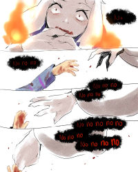 Rule 34 | 1girl, 4koma, animal ears, bad end, bad id, bad tumblr id, blood, blood on clothes, blood on hands, claws, close-up, comic, death, english text, fangs, fire, fire, frisk (undertale), furry, furry female, goat ears, koyashaka, long sleeves, no, outstretched arms, parted lips, reaching, reaching towards viewer, scared, striped, striped sleeves, toriel, undertale, wide-eyed