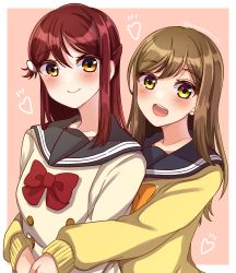 Rule 34 | 2girls, arms around waist, artist name, artist request, blush, bow, bowtie, breasts, brown eyes, brown hair, buttons, cardigan, collarbone, eyebrows, female focus, grey sailor collar, hair between eyes, hair ornament, hair over shoulder, hairclip, half updo, heart, heart print, highres, hug, kunikida hanamaru, light brown hair, long hair, long sleeves, looking at viewer, love live!, love live! sunshine!!, multiple girls, orange bow, parted lips, pink background, red bow, red hair, sailor collar, sakurauchi riko, sasanohasarasa, school uniform, skirt, sleeves past wrists, small breasts, smile, sweater, upper body, uranohoshi school uniform, vest, yellow cardigan, yellow eyes, yellow sweater