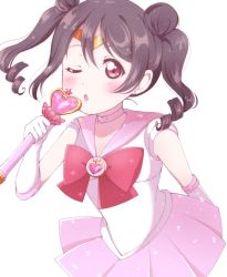 Rule 34 | 1girl, :o, artist name, artist request, black hair, blush, bow, choker, cosplay, curly hair, double bun, female focus, hair bow, hair bun, highres, holding, holding wand, looking at viewer, love live!, love live! school idol project, one eye closed, osonokichi, pink choker, pink skirt, red bow, red eyes, red neckwear, sailor collar, shirt, short hair, skirt, smile, solo, twintails, wand, white background, white shirt, yazawa nico
