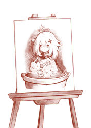 Rule 34 | absurdres, bowl, commentary, dekorinn, drawing, easel, genshin impact, hair between eyes, hair ornament, halo, highres, long sleeves, own hands together, paimon (genshin impact), portrait, puffy long sleeves, puffy sleeves, simple background, smile, split mouth, upper body, white background