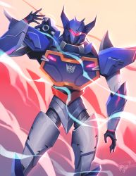 Rule 34 | absurdres, assault visor, commentary, decepticon, english commentary, glowing, head tilt, highres, lina rojas, mecha, open hands, robot, science fiction, shoulder cannon, smoke, solo, soundwave (transformers), transformers, transformers: earthspark