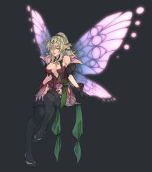 Rule 34 | 1girl, absurdres, bare shoulders, black background, black gloves, boots, breasts, cleavage, fairy wings, fire emblem, fire emblem awakening, fire emblem heroes, full body, gloves, green eyes, green hair, hair ribbon, highres, iaurencin, large breasts, long hair, looking at viewer, nintendo, official alternate costume, pointy ears, ribbon, sitting, solo, thigh boots, tiara, tiki (adult) (fire emblem), tiki (adult) (resplendent) (fire emblem), tiki (fire emblem), wings