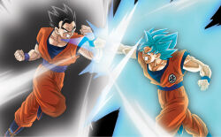 2boys aura black_eyes black_hair blocking blue_eyes blue_hair dragon_ball dragon_ball_super fenyon multiple_boys muscular muscular_male official_art punching serious son_gohan son_goku sparring super_saiyan super_saiyan_blue tagme ultimate_gohan