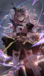 Rule 34 | 1girl, absurdres, animal ears, arknights, black hairband, black skirt, cat ears, electricity, feet out of frame, garter straps, goldenglow (arknights), hairband, highres, jacket, long hair, miniskirt, open clothes, open jacket, originium arts (arknights), pink hair, sakusyo, skirt, solo, standing, thighhighs, yellow eyes, zettai ryouiki