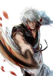 Rule 34 | 1boy, black shirt, blood, blood on clothes, blood on face, bokken, gintama, grey hair, hadanugi dousa, hair over one eye, highres, holding, holding sword, holding weapon, japanese clothes, kimono, long sleeves, looking at viewer, male focus, motion blur, open kimono, ribbon-trimmed sleeves, ribbon trim, sakata gintoki, shirt, short sleeves, simple background, solo, sword, uraki (tetsu420), weapon, white background, white kimono, wide sleeves, wooden sword