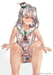 Rule 34 | 1girl, anchor hair ornament, arm support, bare arms, bare shoulders, blush, body blush, breath, character request, commentary request, hair ornament, half-closed eyes, juurouta, kantai collection, knees, knees up, long hair, looking away, nose blush, panties, panty pull, sailor collar, silver hair, single horizontal stripe, sitting, sleeveless, solo, striped clothes, striped panties, underwear, white sailor collar