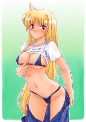 Rule 34 | 00s, 1girl, akusyu 0.5 second, blonde hair, blush, bow, bra, breasts, clothes lift, fate testarossa, hair bow, lingerie, long hair, low-tied long hair, lyrical nanoha, mahou shoujo lyrical nanoha, mahou shoujo lyrical nanoha strikers, panties, red eyes, shirt lift, solo, underwear, undressing, very long hair, wet