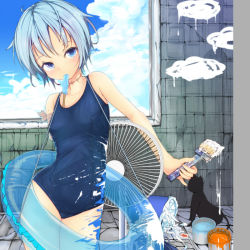 Rule 34 | 1girl, amputee, bandages, black cat, blue eyes, blue hair, blue one-piece swimsuit, cat, electric fan, food, hal (ojou), hand fan, holding, innertube, looking at viewer, matching hair/eyes, mouth hold, one-piece swimsuit, original, paint, paint can, paint splatter, paintbrush, popsicle, scar, school swimsuit, short hair, solo, stitches, swim ring, swimsuit