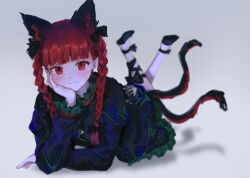 Rule 34 | 1girl, :3, animal ears, black bow, black dress, bow, braid, cat ears, cat tail, dress, extra ears, frills, grey background, hand on own face, highres, himuhino, kaenbyou rin, leg ribbon, looking at viewer, multiple tails, pantyhose, pointy ears, puffy sleeves, red eyes, red hair, ribbon, shadow, slit pupils, solo, tail, touhou, twin braids, two tails, white background, white pantyhose